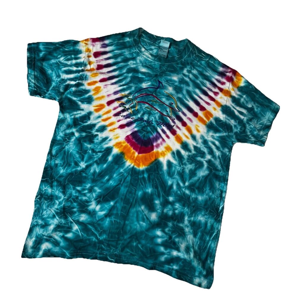 Cape Cod MA Vintage Tie Dye Embroidered Dolphins Fruit Of The Loom T Shirt Large